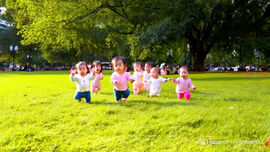 公园里草地上，可爱的亚洲宝宝们快步向我走来，摆着胖墩墩的小手，说爷爷奶奶快来看小燕子回来了……镜头语言慢慢推进 by Hailuo AI Video Generator