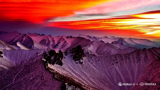 航拍镜头：暮色中的高原雪山，绛紫色云层压着连绵雪峰。 by Hailuo AI Video Generator