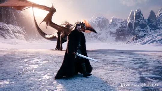 身披黑色毛皮斗篷的武士对峙巨龙，雪原战场，电影级光影，超精细写实奇幻场景 by Hailuo AI Video Generator