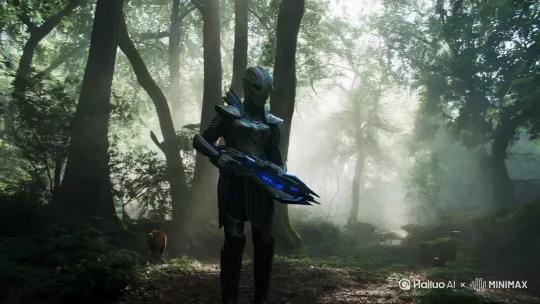 一名外星人战士，在树林子里面，拿着能量武器准备埋伏敌人 by Hailuo AI Video Generator