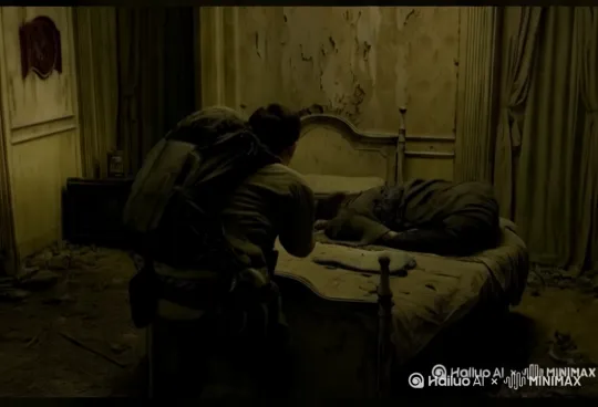 穿着探险装备的晓峰走到床边，想要看清那个身影。就在他靠近时，床上空了[左移,跟随]。 by Hailuo AI Video Generator