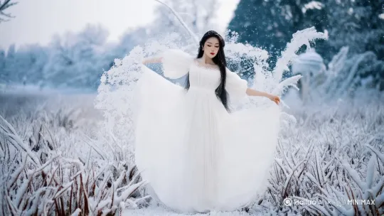 ❄️雪花纷扬如星屑，她踏着风旋身而起，发间凝着霜花，足尖点过枯枝，草木瞬间覆上白绒。风穿过她素白的长裙，惊起一串冰晶，大地在她的飘荡间化作水墨画卷。 by Hailuo AI Video Generator
