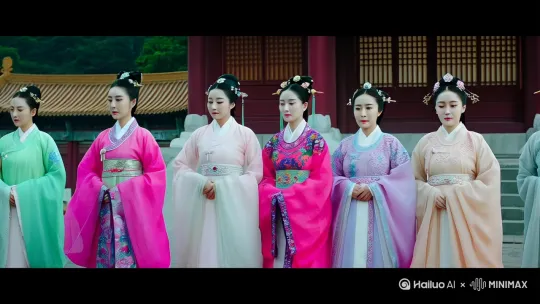 穿越千年时光，重现古代华章。这张图片为我们呈现了一幅绝美的画卷：一群身着华丽汉服的女性，站立在一座宏伟的中国传统宫殿前。她们的服饰精美绝伦，色彩斑斓，每一处细节都彰显出古代匠人的精湛技艺。头戴精美发饰，她们宛如从历史画卷中走出的仙子，庄重而典雅，气质非凡。

背景中的宫殿，金碧辉煌，飞檐翘角，尽显古代建筑的恢宏气势。这场景仿佛带领我们回到了那个充满传奇与浪漫的时代，感受那份独特的文化底蕴与历史厚重。无论是服饰的华丽，还是建筑的壮丽，都让人不禁感叹中华文化的博大精深。

这或许是一部古装电视剧或电影的场景，每一个细节都经过精心设计与打磨，力求还原最真实的历史风貌。让我们一同期待，这场视觉盛宴将为我们带来怎样的精彩故事与感动瞬间。

---

希望这段文案能帮助到你，如果有任何修改或添加的需求，请随时告诉我！ by Hailuo AI Video Generator