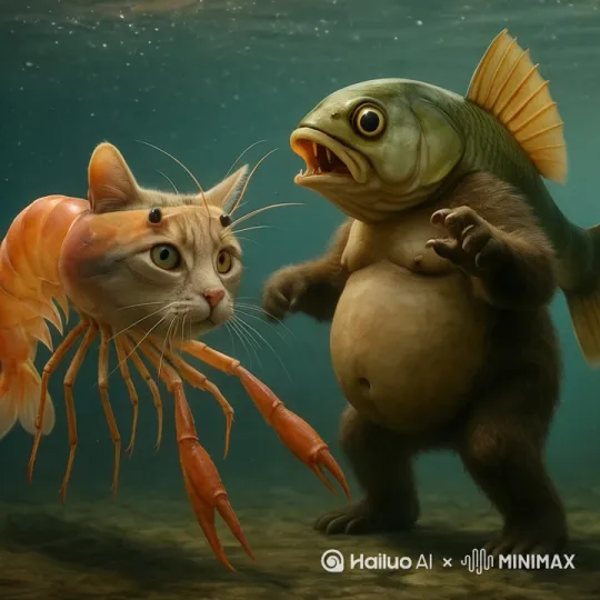打架，鱼把虾猫打倒 by Hailuo AI Video Generator