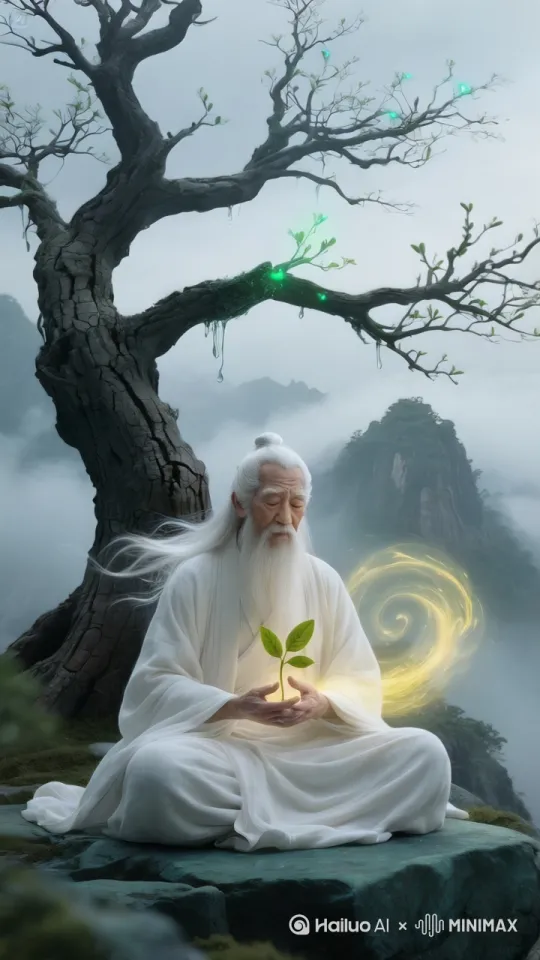 随着图中老爷爷手里发出一道金色的光芒，枯树突然从树根到树杈开满五颜六红色的海棠花，老爷爷开心的跳起来，画面充满喜剧感。 by Hailuo AI Video Generator