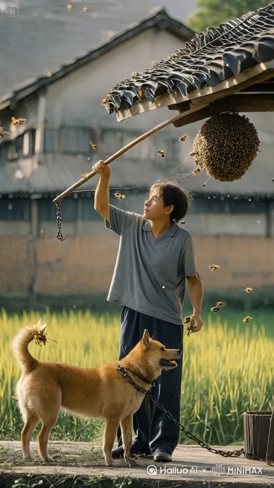这人把保分我个人把蜂窝捅碎，扔下棍子就跑，千只蜜蜂围着狗转 地上的狗疯狂打滚 by Hailuo AI Video Generator