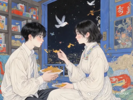 男生和女生在一同吃零食 by Hailuo AI Video Generator