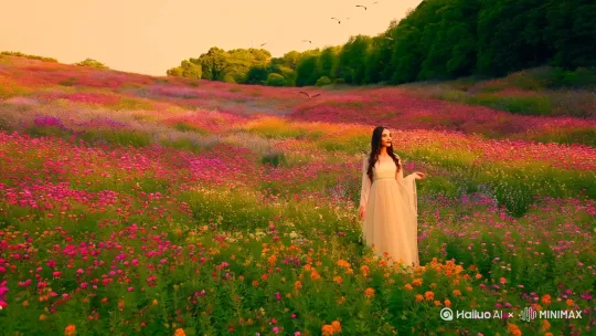 美美女在花海中，天上有小鸟飞 by Hailuo AI Video Generator