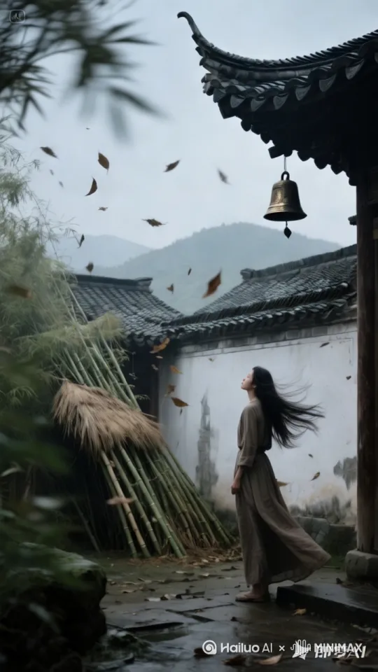 一名女子站在中式庭院中遥望远方，长发被强风吹起，青瓦白墙老房子在狂风中颤动，檐角铜铃晃动，竹林茅草倾斜45度，青瓦落叶被卷向空中，灰蒙天色中山峦隐现，苍凉氛围充满动态感，高对比度光影，动态模糊，细节丰富的写实风格 by Hailuo AI Video Generator