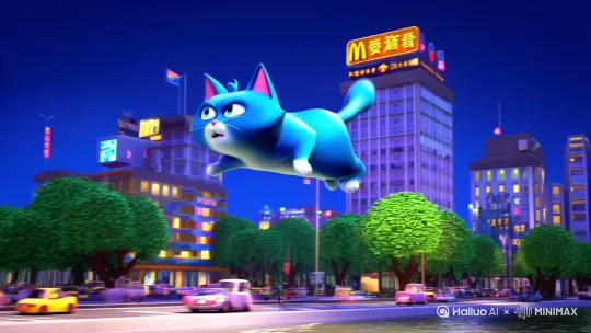 一一只蓝色的猫，在街上飞起来，然后掉到了一个地方，那里有麦当劳，结果麦当劳掉了河里，于是那只蓝色的猫便伤心的跳在河里，河里有鲨鱼，鲨鱼吃掉了那只蓝色的猫，又吐了出来，于是它来到城市一直抢麦当劳，把蜜雪冰城摧毁掉，况且把星巴克里面的东西也抢走 by Hailuo AI Video Generator