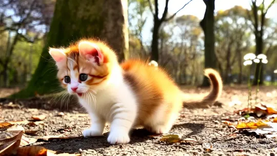 一只毛茸茸的小猫在铺满落叶的公园小径上踉跄摔倒，趴在原地蹬着小短腿放声大哭。摄像机保持近景构图，自然光透过稀疏树冠形成柔和光晕，湿润的蓝眼睛和颤抖的胡须细节清晰可见，背景虚化的灌木丛隐约可见零星蒲公英。 by Hailuo AI Video Generator