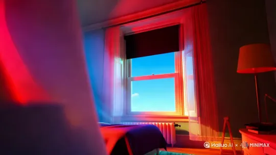 画面清晰，明亮的红黄相间的灯光照亮了整个房间。皮克斯3D风格的房间很温暖，床边有一扇窗户，打开后可以看到明亮的蓝天。光幕在微风中轻轻摇曳，充满了鲜艳的色彩。鲜艳而温暖的红色和黄色照亮了房间。阳光灿烂。， by Hailuo AI Video Generator