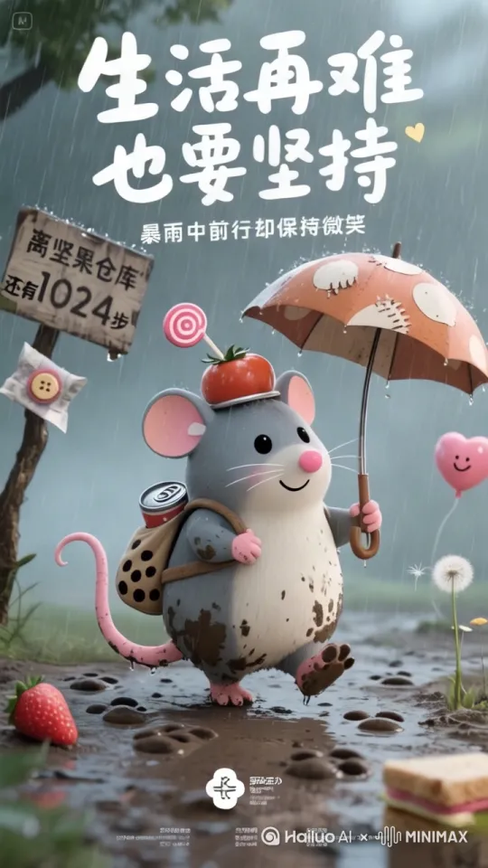 下雨天小老鼠走着走着[跟随]脚底一滑摔倒了，它在地上打了一个滚后站起来，身上沾了一些泥巴 by Hailuo AI Video Generator