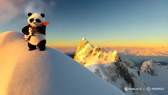 一只戴着太阳镜的毛发蓬松熊猫在雪山顶弹奏电吉他、跳舞和摇头，张嘴时从嘴里吐出热气，清晨的阳光，左移运镜 by Hailuo AI Video Generator