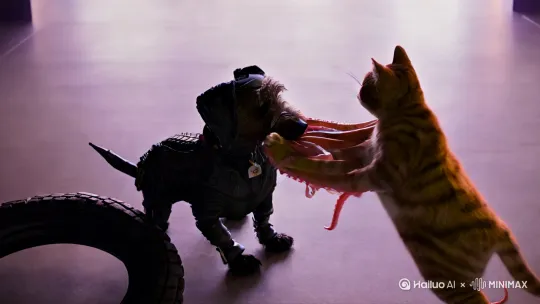 轮胎狗与章鱼猫打架，章鱼猫用触手把轮胎狗缠住打倒 by Hailuo AI Video Generator
