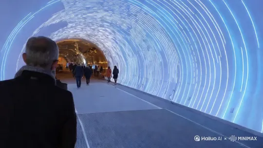科技隧道，富有科技感的白色和蓝色作为主色调，能量波穿梭前进， by Hailuo AI Video Generator