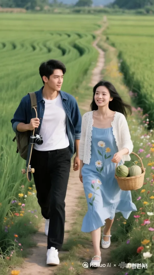 1. 背景描述画面：风和日丽的上午，广阔无垠的绿色稻田如波浪般随风起伏，田埂间五彩斑斓的野花肆意绽放。林宇，这位 28 岁的都市青年，身着白色纯棉修身 T 恤，凸显出他健硕的身材，外面随意敞开着深蓝色牛仔外套，下身搭配黑色直筒休闲裤，脚蹬白色运动鞋，背着装有滑板和相机的背包，正悠然地在田埂上散步。这时，26 岁的苏瑶，身着淡蓝色不规则裙摆连衣裙，上面手绘的花朵栩栩如生，白色针织开衫的蕾丝花边随风轻舞，脚穿镶嵌水钻的白色平底单鞋，一头如瀑的黑发披在肩头，挎着装满香瓜的竹篮，从他身旁匆匆走过。
 
2. 动作变化：林宇原本轻松且富有节奏的步伐，在苏瑶擦肩而过的瞬间猛地一顿。他那深邃如寒星般的眼眸瞬间被苏瑶吸引，不自觉地扭头，目光紧紧追随她离去的方向，眼神中透露出好奇与惊艳。苏瑶则专注于赶路，步伐轻盈却急促，手中紧握着竹篮的提手，并未察觉到林宇的目光。
 
3. 环境变化：微风依旧轻柔地穿梭在稻田之间，稻穗沙沙作响，随着苏瑶的经过，空气中不仅弥漫着稻香，还夹杂着一丝淡淡的薰衣草香与香瓜的清甜。
 
4. 爆笑对话：林宇（小声嘀咕，目光紧盯着苏瑶背影）：“这姑娘，打扮得这么有艺术范，在这乡间还挺独特，急着去干嘛呢？”
 
5. 运镜方法：从林宇侧后方跟拍，展现他散步的姿态，当苏瑶路过时，镜头迅速切换至苏瑶背后跟拍一小段，捕捉她的整体造型与步伐，随后镜头快速拉回林宇，特写他那好奇与惊艳交织的表情。 by Hailuo AI Video Generator