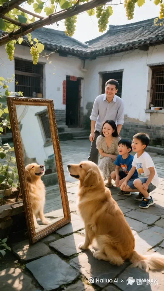 镜头移动、动态跟随:金毛犬原本安静蹲坐,却突然身子一挺,如疾风掠影般,以迅雷不及掩耳之势,将身影迅猛投向镜中自己。刹那间,只听“哗啦”一阵脆响,镜子在金毛犬的撞击下轰然破碎,尖锐的镜片如流星般向四周迸射飞溅。围聚一旁的家人们,被这突如其来的变故惊得齐声高呼,下意识地急忙侧身闪躲,脸上满是意外与错愕。 by Hailuo AI Video Generator