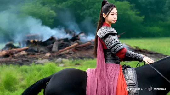 女孩变身花木兰，从战场上骑马归来。左移，右摇，跟随。电影质感。 by Hailuo AI Video Generator