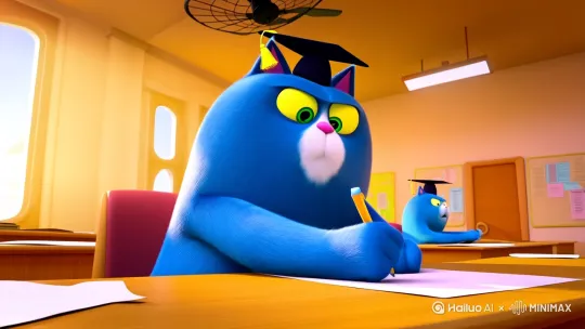 生成一只蓝色的胖猫在5月份的时候合格考试，然后生气撕了考场所有人的卷子，卡通风格 by Hailuo AI Video Generator