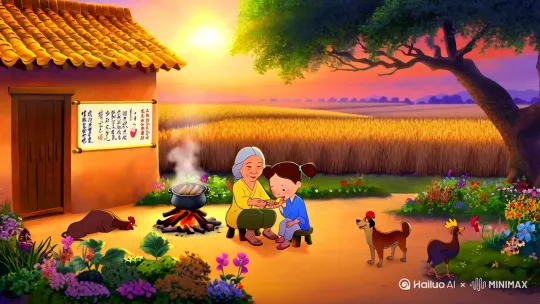 夕阳西下，余晖温柔地洒在这座宁静的乡村小院。土坯房的屋顶，瓦片被染成暖金色，门口贴着“绿柳迎春归，红梅傲雪放”的春联，横批“春回大地”，洋溢着浓浓的生活气息。
 
小院中，一棵大树枝叶繁茂，树下，老奶奶和小女孩坐在小板凳上，共享着美味的晚餐。热气腾腾的铁锅架在木柴燃起的火上，饭菜的香气弥漫在空气中。小女孩扎着俏皮的麻花辫，穿着蓝色布衫，吃得津津有味；老奶奶满脸慈爱，不时关心着孩子。
 
一旁，大黄狗慵懒地趴在地上，公鸡悠闲踱步，似乎也被这温馨的氛围感染。小院四周，繁花与蔬菜相映成趣，远处金黄的稻田在晚风中泛起层层麦浪，天边的晚霞如梦幻画卷。整个场景，勾勒出乡村生活的质朴与美好，满是岁月静好的温馨与惬意，固定镜头， by Hailuo AI Video Generator