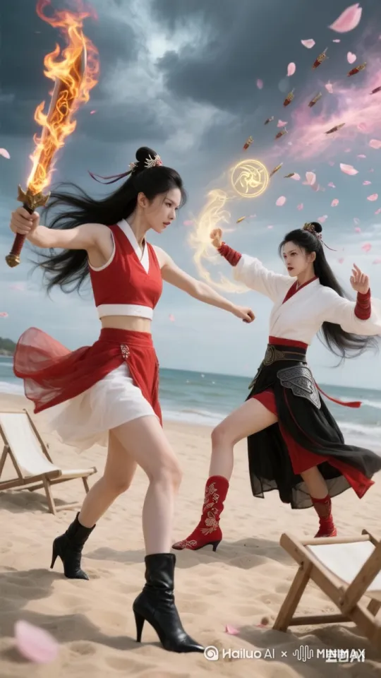 打架，刀与特效碰撞  白衣女子一掌打飞了拿刀的红衣女子 by Hailuo AI Video Generator