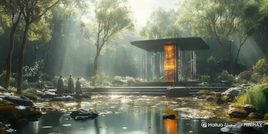 Subtle Light Rays: The shafts of sunlight through the trees subtly shift and change as if time is passing or clouds are moving overhead.
Water Surface Ripples: Very gentle, slow ripples or disturbances on the surface of the water, creating subtle distortions in the reflections.
Internal Light Glow: The internal light within the memorial pillar might subtly pulse, shift color, or display slow, abstract patterns.
Falling Leaves/Particles: Very occasional, slow descent of leaves or other organic particles through the air, especially within the light rays.
Subtle Figure Movement: The figures standing near the memorial make very slow, minimal movements, maintaining their contemplative posture. by Hailuo AI Video Generator