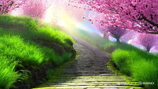 A winding stone staircase path flanked by lush emerald-green grass, above which dense pink cherry blossom trees form a romantic floral canopy, delicate petals swirling in the air with light mist floating, springtime atmosphere --ar 16:9 Hyper-realistic 8k resolution, intricate textures on mossy stone steps, dew drops on petals, volumetric lighting creating god rays through blossoms, photorealistic watercolor style blending, cinematic composition with leading lines Artgerm watercolor illustration style, Studio Ghibli spring aesthetic, Octane Render subsurface scattering on petals, 10% mist overlay, soft gradient background with cotton candy clouds[拉远] by Hailuo AI Video Generator