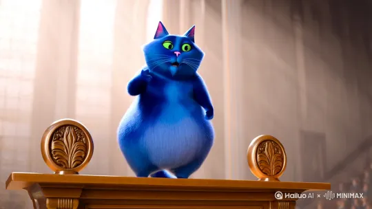 一个蓝色的胖猫在演讲台上演讲 by Hailuo AI Video Generator