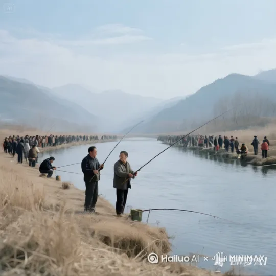 图中两个主要人物,快速不停的从河中用鱼杆拉出大鱼出来,他们两个的脚下到处都是活蹦乱跳的大鱼,镜头快速移动，动态快速跟随. by Hailuo AI Video Generator
