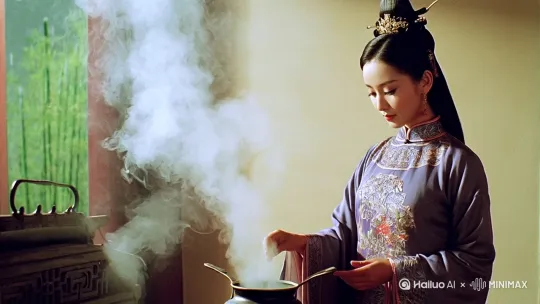 一个优雅美的古风女性，站在灶旁，手在动着锅，锅上飘着白烟，额前发丝微飘，窗外竹子微摇，几只小鸟慢慢飞过。 by Hailuo AI Video Generator