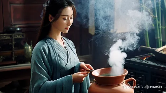 一个优雅美的古风女性，站在灶旁，手在搅动着陶锅，锅上飘着白烟，女人额前发丝微飘，窗外竹子微摇，几只小鸟慢慢飞过。 by Hailuo AI Video Generator