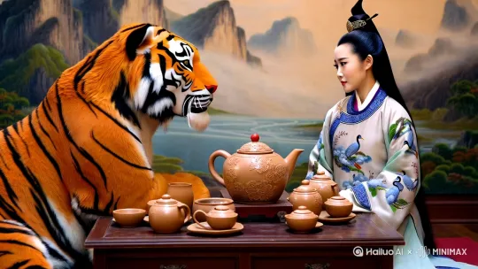 想象一下，一只威严的老虎和一位身穿传统中式服饰的人参精正在古色古香的茶桌旁，品茶谈心。老虎的皮毛呈现出深浅不一的橙色和黑色条纹，显得非常生动和真实。而人参精则穿着一件精致的长袍，袍子上绣有象征长寿的云纹和仙鹤图案，显得古朴而神秘。

茶桌上摆放着一套精美的茶具，茶壶和茶杯都是用古朴的陶土烧制而成，表面有着细腻的釉色，茶壶上还雕刻着精美的花纹，显得非常雅致。茶桌的背景是一幅描绘着高山流水的中国山水画，画面中的山峰高耸入云，云雾缭绕，给人一种宁静致远的感觉。

整个场景充满了中国传统文化的氛围，让人仿佛穿越回了古代，体验了一次与自然和谐共处的美好时光。 by Hailuo AI Video Generator