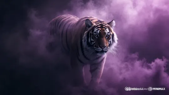 云雾中稳健走出的老虎，头左右摆动，然后注视镜头[左移,右摇,跟随],带动云雾翻滚 by Hailuo AI Video Generator