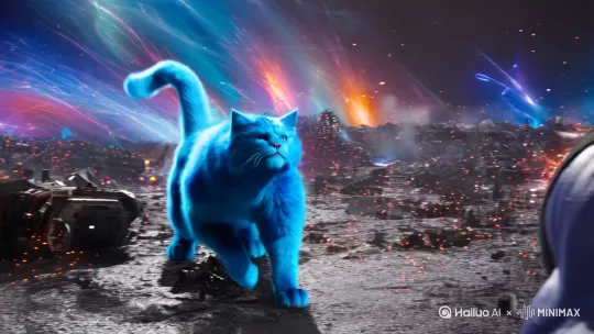 一只蓝色的胖猫大战灭霸打的特别激烈 by Hailuo AI Video Generator