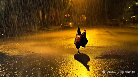 狂风暴雨中，一只鸡在疯狂赶路 by Hailuo AI Video Generator