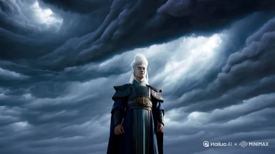 身穿古装白发男子正在看着天上雷霆交加的劫云 [推进,上升]只见紫金色雷霆交加 压迫感十足 [下降]身穿古装白发男子周身升起五方阵旗形成了一个防御大镇 飞剑环绕周身 [右移,左摇,跟随] by Hailuo AI Video Generator