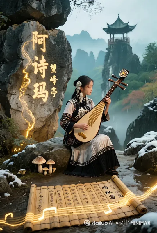 阿诗玛一边弹着琴，一边转向镜头，笑容很灿烂。
开始：低角度近地面  过程：垂直向上提升 结束：高空鸟瞰
特点：逐渐揭示广阔风景，镜头稳定无摇晃 by Hailuo AI Video Generator