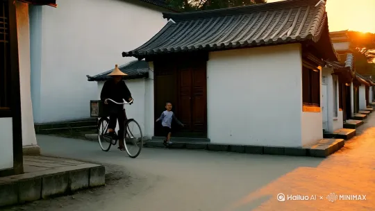 在苏州的小巷子里，一个大叔带着草帽，骑着老式自行车经过，车后架上面有个木箱子，背景是苏州地方民居平房，粉墙黛瓦，远处隐隐约约有一座五层宝塔尖。时间是在傍晚。路上走两个小朋友在追跑。 by Hailuo AI Video Generator