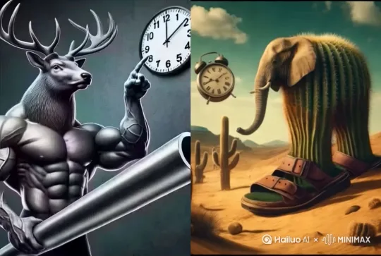 [左移,推进,右摇]左侧的鹿头人出场挥舞手上的铁棒快送攻击[右移,左摇,跟随]大象登场[推出,上升,下摇]两人对峙 by Hailuo AI Video Generator