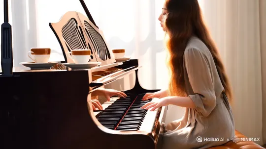 5 中景 房间角落摆放着一架古典钢琴,女孩放下咖啡杯,走到钢琴前,轻轻坐下,手指放在琴键上,开始弹奏一曲悠扬的古典乐章。阳光透过窗户洒在她身上,房间里充满了美妙的音乐。 无 10s 古典音乐(钢琴弹奏声为主),琴键按下的声音 50mm定焦镜头,f/1.8光圈,ISO 100,快门速度1/125s by Hailuo AI Video Generator
