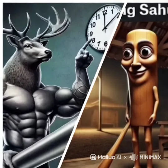 让他们两个打架，右边的生物开始非常生气，疯狂挥舞棒子，左边角色暂停时间，发色白色激光击败右边角色 by Hailuo AI Video Generator