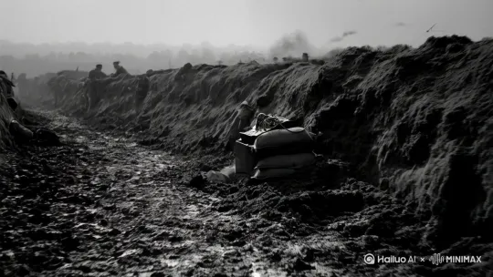 A black-and-white World War I battlefield scene. The camera slowly zooms in from a wide shot of a muddy, desolate trench to a close-up of a spy hidden in the shadows, crouched behind a sandbag. He carefully sets up an early listening device—an old wiretap machine with tangled wires, scanning for enemy communications. The camera follows his hands as he adjusts the dials, showcasing the precision and secrecy involved. In the background, faint sounds of distant gunfire and the low hum of soldiers' voices add to the tense atmosphere. The spy, wearing period-appropriate military clothing, glances around nervously, ensuring he’s undetected. The scene is lit with soft, dim lighting, emphasizing the somber mood of wartime espionage. by Hailuo AI Video Generator