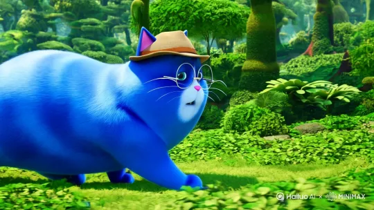 一只一只蓝色的胖猫，身上有着鲜艳的蓝色，他戴着探险帽和细长眼镜，四处着地的在森林里探险。[右移,左摇,跟随] by Hailuo AI Video Generator