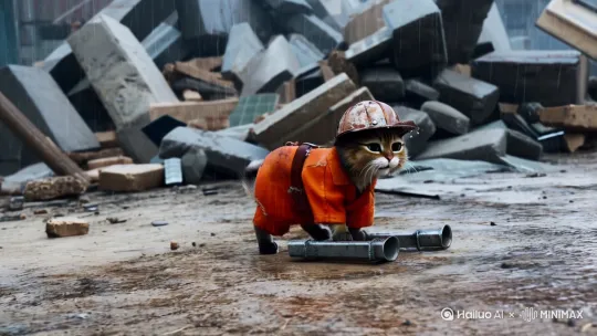 小猫在工地上干活，穿着橘黄色工人的衣服，戴着头盔，衣服脏兮兮很破烂，扛着钢筋，杂乱工地，落魄的神情，穷困潦倒，天空下着雨，十分疲惫 by Hailuo AI Video Generator