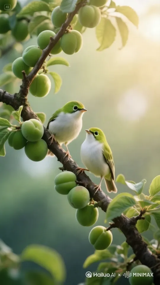 两鸟啄吃青梅，[右移,跟随] by Hailuo AI Video Generator