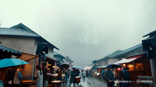 依下面诗所叙情景生成视颇：
   小镇晨景
  秋雨延绵凝天漏
  昼夜牌和声不休。
  商辅贩卖搭棚早，
  喇叭摇板遍街吼。
  人逢盛世心无愁，
  俊男靓女涌歌楼。
  游客接蹱香粽候，
 戴伞携童摇轻舟。 by Hailuo AI Video Generator