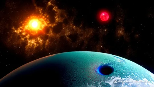以下是一个虚构的类太阳系设定，其中包含一颗与地球高度相似的外星行星（"外星地球"），同时保持合理的科学基础：

---
### **"天狼-地联"双星系系统**
#### **恒星A（天狼α）**
- 光谱类型：G2V（与太阳相同）
- 质量：1.05倍太阳质量
- 年龄：48亿年
- 行星数量：6颗

#### **恒星B（天狼β）**（距离恒星A 12AU）
- 光谱类型：M1V（红矮星）
- 质量：0.45倍太阳质量
- 行星数量：3颗（均为冰巨星）

---
### **类地行星：新盖亚（New Gaia）**
#### **基础参数**
- 轨道：距离恒星A 1.02AU（类似地球）
- 质量：1.1倍地球质量
- 直径：12,500km（比地球大5%）
- 重力：0.98G（几乎与地球相同）
- 自转周期：23小时36分钟
- 轴倾角：22.1°（季节与地球相似）

#### **关键相似点**
1. **大气成分**  
   - 氮气（76%）、氧气（23%）、二氧化碳（0.04%）
   - 臭氧层完整，地表紫外线强度与地球相当

2. **水文系统**  
   - 表面70%被盐水覆盖（盐度3.1%）
   - 存在1颗卫星（"月神Ⅱ"），直径3,200km，引发规律潮汐

3. **生态系统**  
   - 主要植被呈蓝绿色（光合色素为"蓝叶素"）
   - 动物群普遍为六肢结构，但存在类似地球哺乳类的温血物种

#### **差异点**
- **大陆分布**：3块超大陆（面积比地球大陆大30%）
- **地磁活动**：磁场强度是地球的1.3倍（极光更频繁）
- **生物化学**：使用左旋氨基酸（与地球相反）

---
### **其他行星（恒星A系统）**
1. **赫菲斯托斯**（类水星）：金属富集行星，昼夜温差极大
2. **阿芙洛狄忒**（类金星）：硫酸云覆盖，地表温度500℃
3. **阿瑞斯**（类火星）：稀薄二氧化碳大气，存在地下卤水湖
4. **克洛诺斯**（气态巨行星）：质量2倍木星，拥有67颗卫星
5. **普罗米修斯**（冰巨星）：深蓝色大气，甲烷冰晶云

---
### **科学合理性补充**
- **宜居带稳定性**：双星系统通过远距离轨道避免扰动
- **行星形成**：新盖亚的金属含量与太阳系内行星一致
- **生命演化**：通过陨石检测到复杂有机物化石（类似地球寒武纪）

需要进一步调整或补充细节吗？例如气候模式、外星文明发展阶段等。[推出,上升,下摇] by Hailuo AI Video Generator