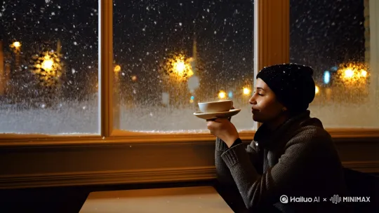 在一个寒冷的冬天夜晚，外面下着大雪，一个人坐在咖啡馆的窗边品尝冒着热气的咖啡，静静的看着外面的雪景 by Hailuo AI Video Generator