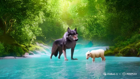 狼在上游饮水后，指责下游喝水的小羊污染水源，小羊以水流方向科学反驳‌‌ by Hailuo AI Video Generator